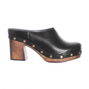 Embossed black leather clogs, never worn